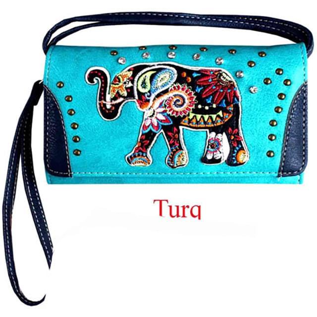 Rhinestone Elephant Embroidery Wallet - Turquoise image