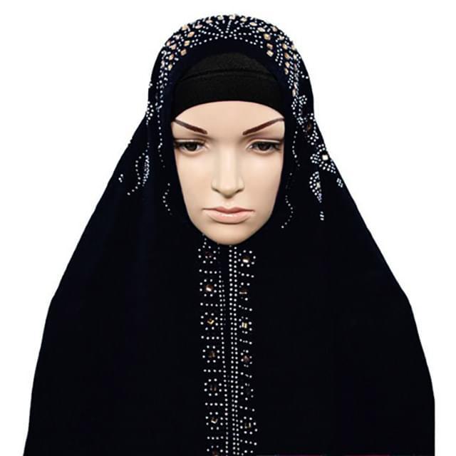 Wholesale All Black Muslim Headscarves with Rhinestone Pattern