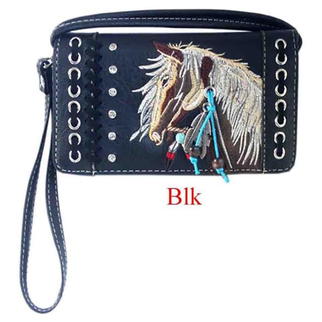 Rhinestone Horse Embroidery Western Wallet - Black image