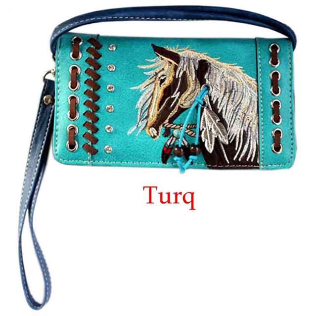 Rhinestone Horse Embroidery Western Wallet - Turquoise image