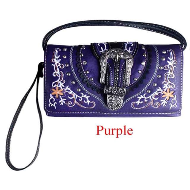 Wholesale Rhinestone Buckle Floral Design Wallet Purse - Purple image