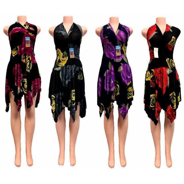Halter Neck Handkerchief Hem Floral Dresses - Assorted image