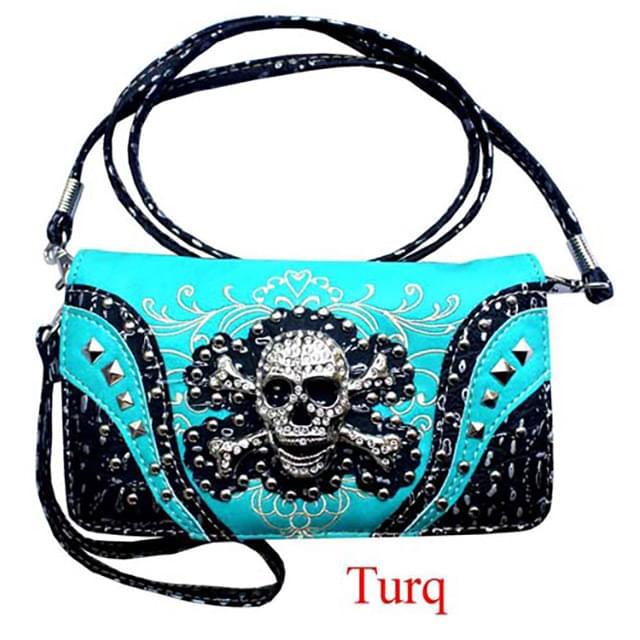 Rhinestone Skull & Crossbones Wallet With Studs - Turquoise image