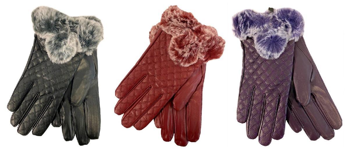 Women's Faux Leather Winter Gloves With Faux Fur Cuffs - Assorted image