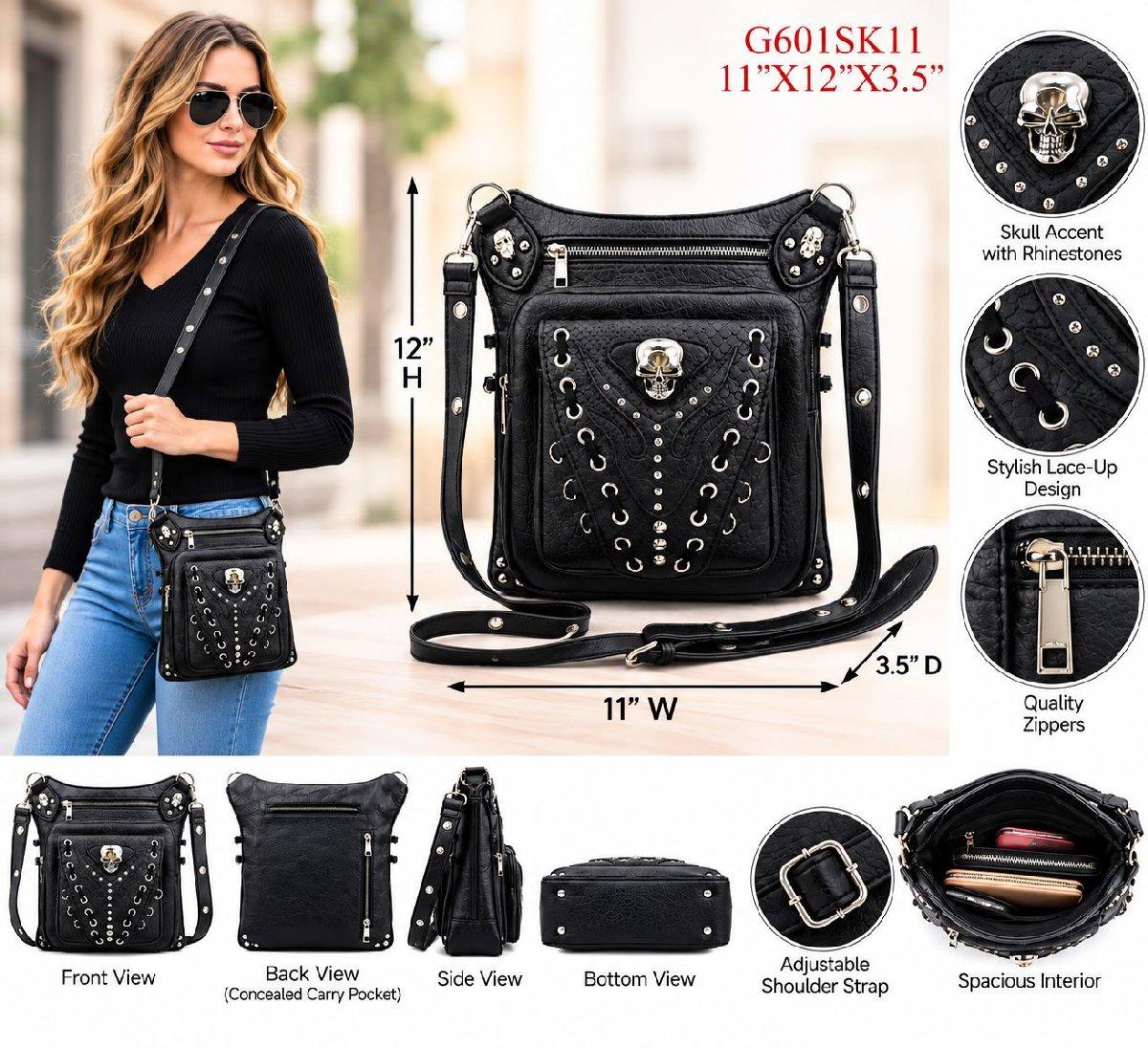 Wholesale Skull Studded Lace-Up Concealed Carry Crossbody Purse - Black image