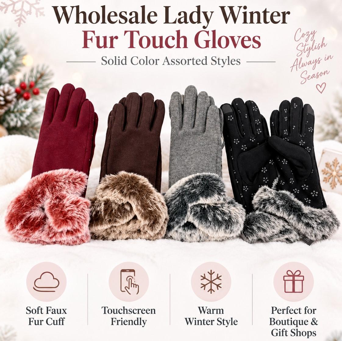 Wholesale Lady Winter Faux Fur Cuff Touch Gloves Solid Color- Assorted Colors image