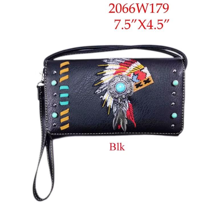 Western Embroidered Feather Headdress Wristlet Wallet - Black image