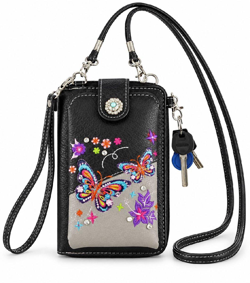 Wholesale Butterfly Embroidered Crossbody Phone Purse - Black image