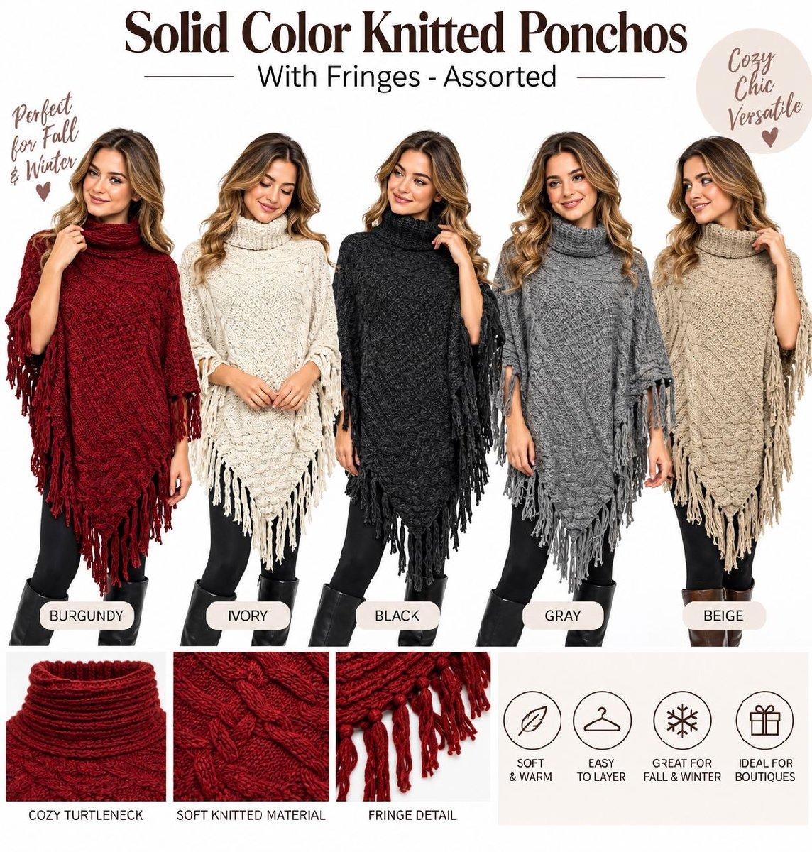 Wholesale Solid Color Knitted Ponchos with Fringes - Assorted Colors image