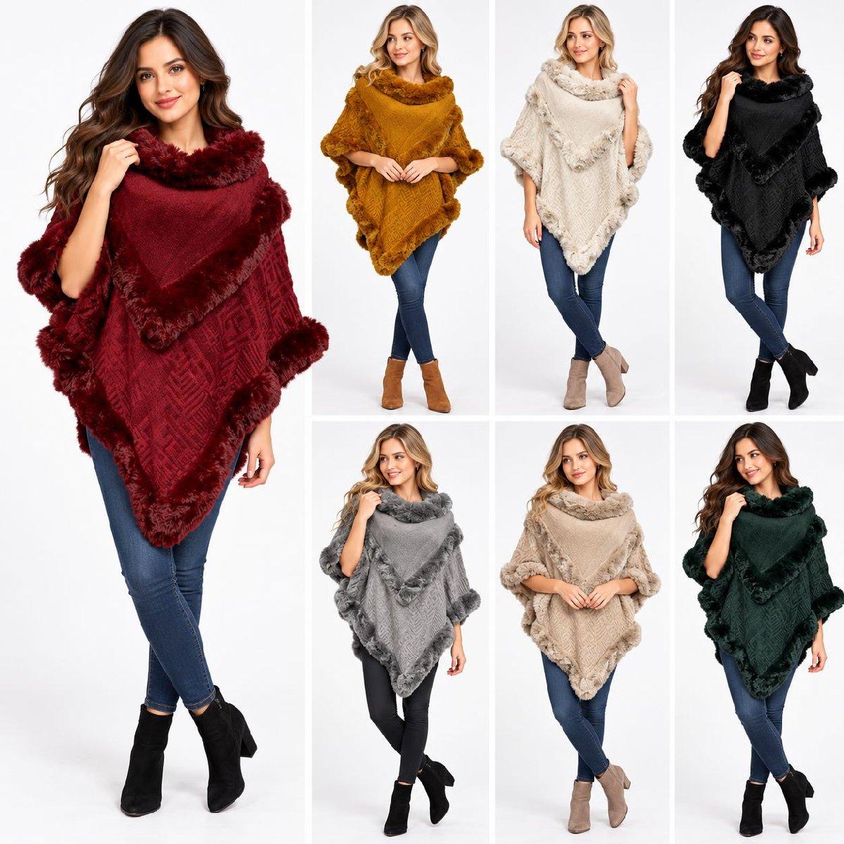 Wholesale Soft-Touch Knitted Winter Ponchos with Faux Fur Trim - Assorted Colors image