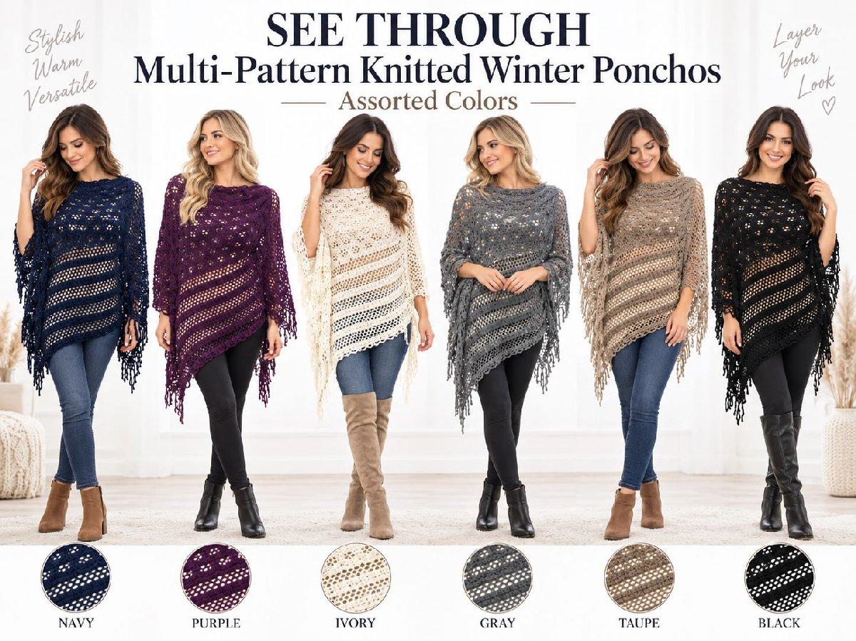 Wholesale See Through Multi-Pattern Knitted Winter Ponchos - Assorted image