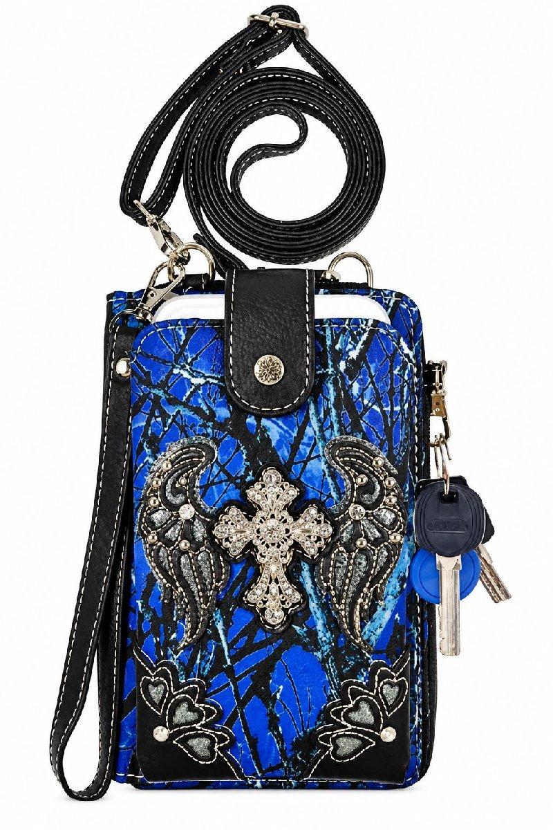 Wholesale Western Rhinestone Cross Crossbody Phone Purse with Wallet - Bule image