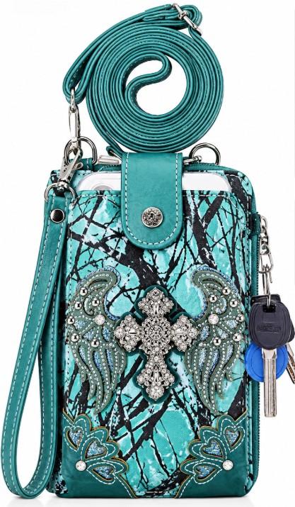 Wholesale Western Rhinestone Cross Crossbody Phone Purse with Wallet - Green image