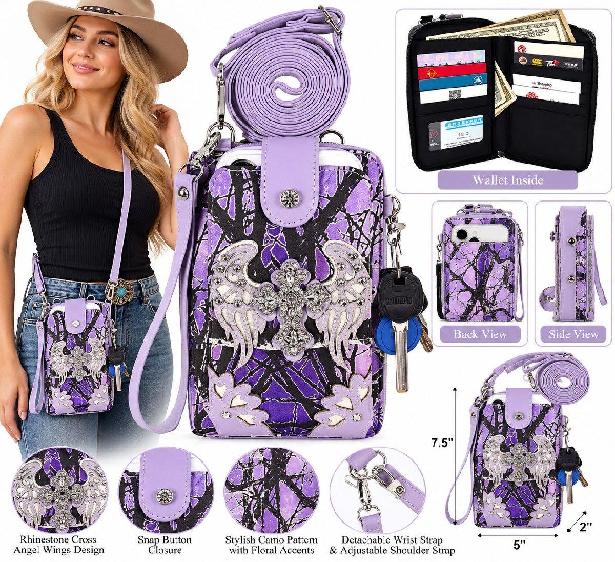 Wholesale Western Rhinestone Cross Crossbody Phone Purse with Wallet - Lavender image