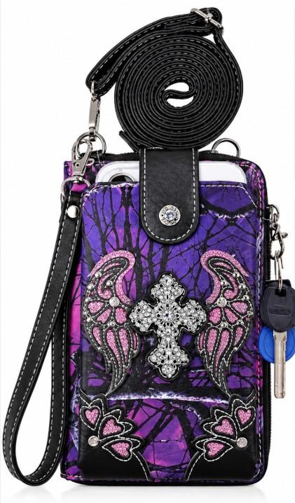 Wholesale Western Rhinestone Cross Crossbody Phone Purse with Wallet - Purple image