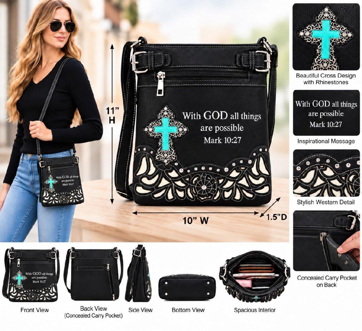 Wholesale Turquoise Cross Inspirational Concealed Carry Crossbody Purse - Black image