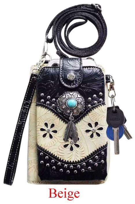 Wholesale Phone Wallet Western Studded Flower Design- Beige image