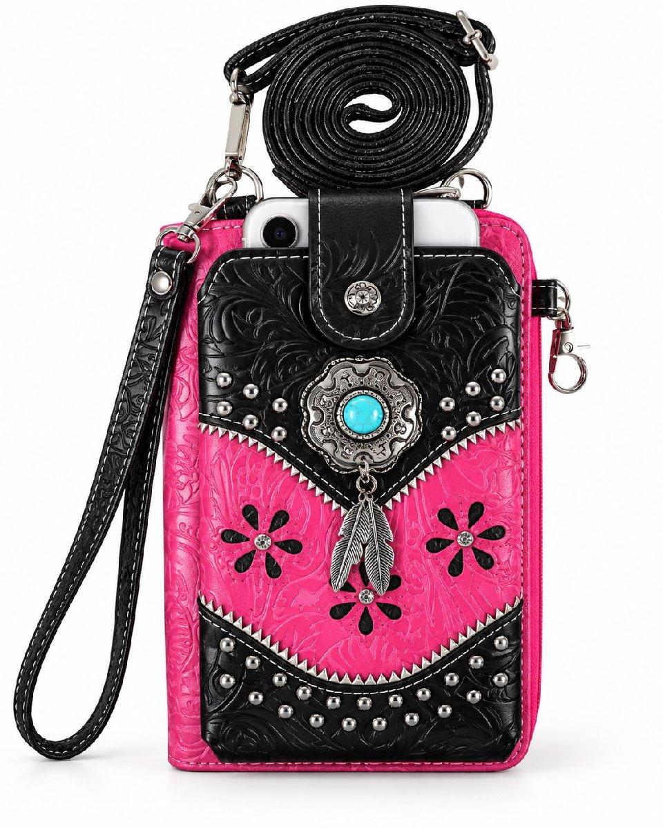 Wholesale Phone Wallet Western Studded Flower Design- Hot Pink image