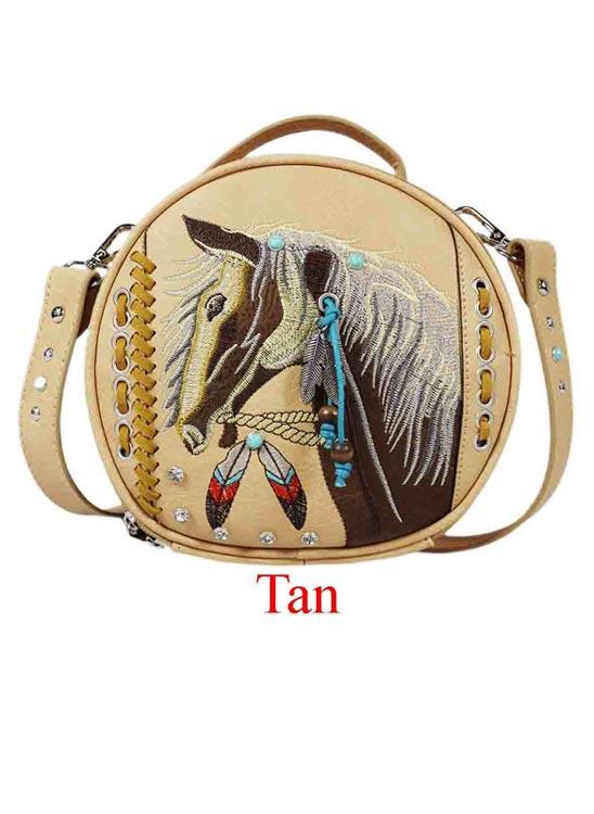 Round Crossbody Bag With Horse Embroidery - Tan image