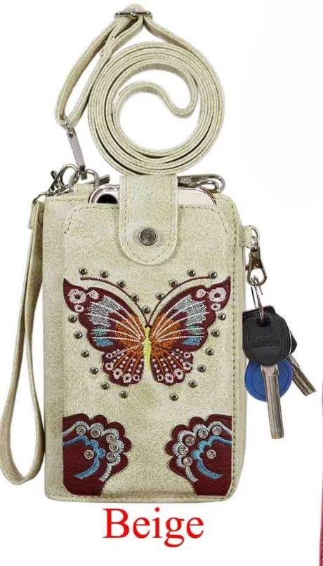 Wholesale Butterfly Embroidered Crossbody Phone Purse with Wallet - Beige image