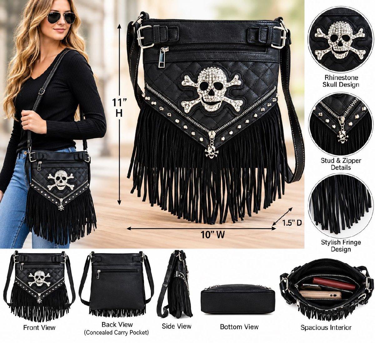 Wholesale Skull & Crossbones Fringe Concealed Carry Crossbody Purse - Black image