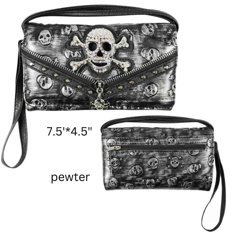 Fashion Skull Wallet Purse With Zipper - Pewter