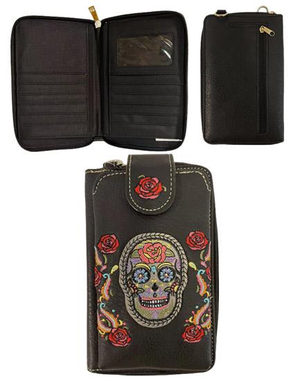 Sugar Skull With Flowers Phone Wallet - Black image