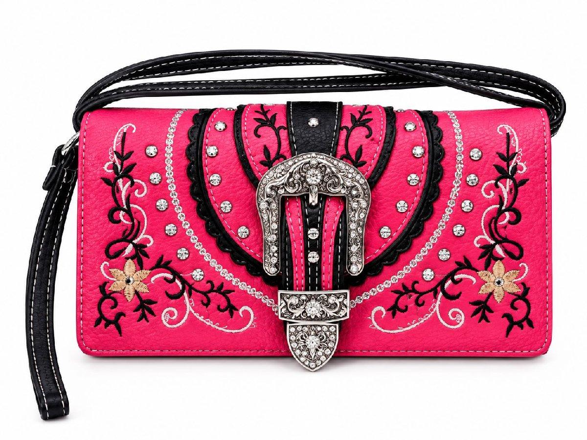 Wholesale Rhinestone Buckle Floral Design Wallet Purse - Hot Pink image