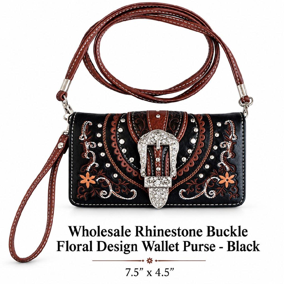 Wholesale Rhinestone Buckle Floral Design Wallet Purse - Black image