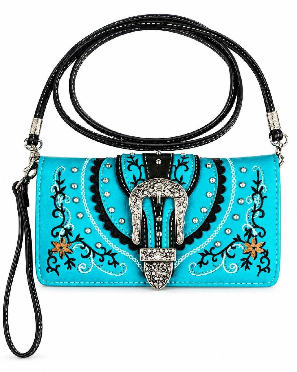 Wholesale Rhinestone Buckle Floral Design Wallet Purse - Turquoise image