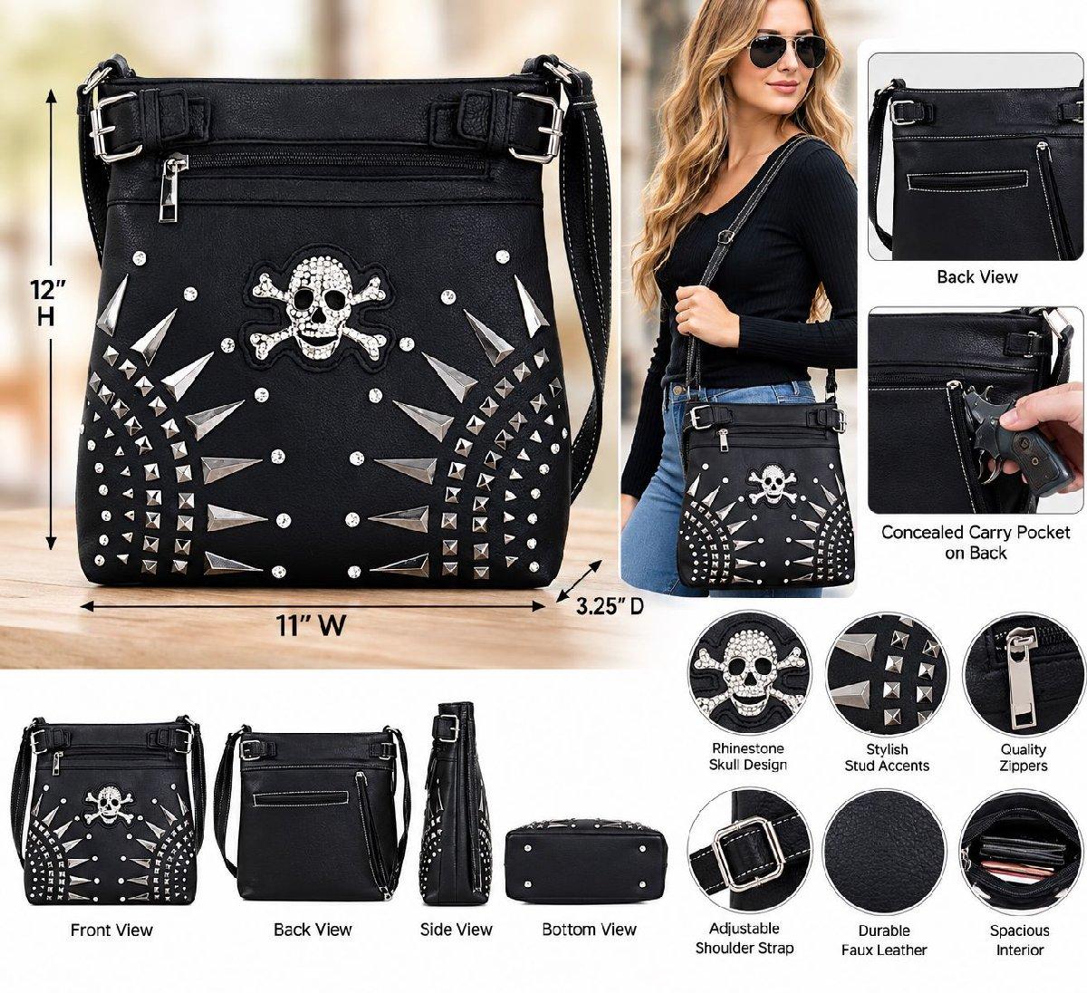 Wholesale Skull & Crossbones Studded Concealed Carry Crossbody Purse - Black image