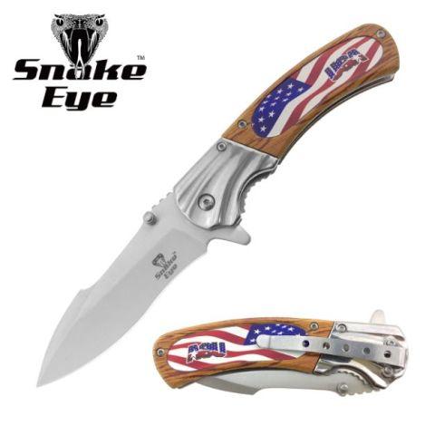 8'' Snake Eye Tactical Spring-Assisted Knife With Wood Handle - Wavy USA Flag image