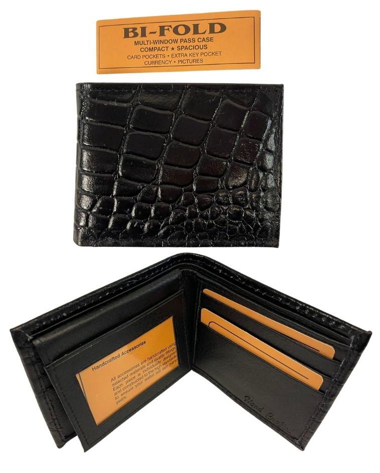 Men's Crocodile Texture Bi-Fold Wallet - Black