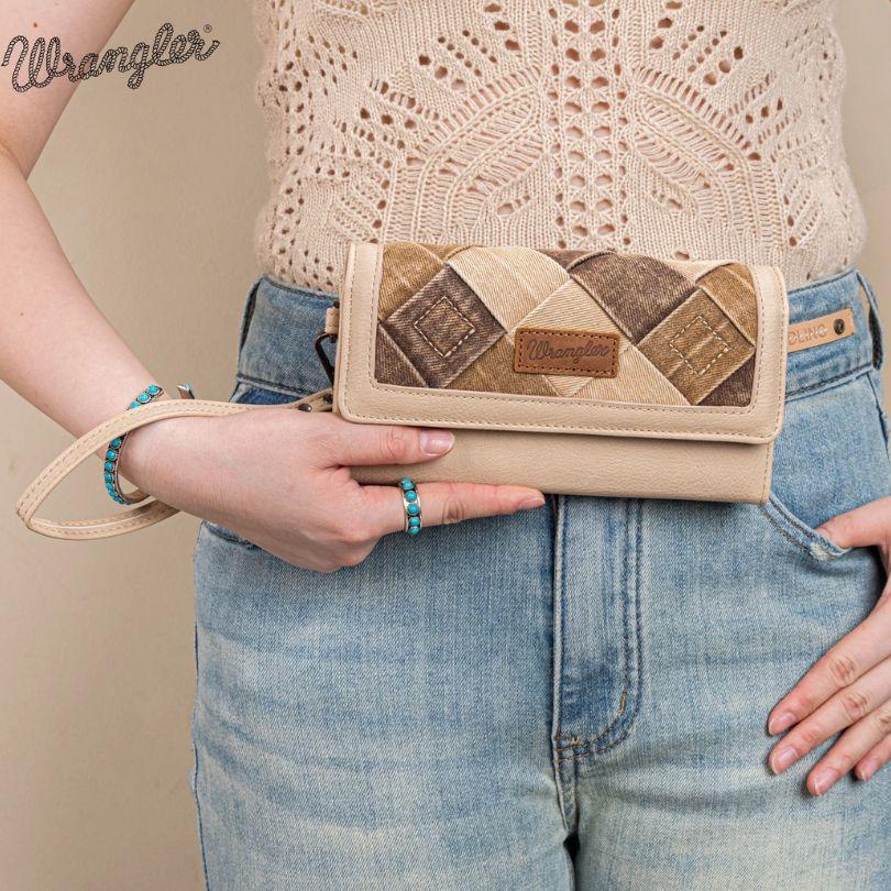 Wrangler Denim Woven Tri-Fold Wristlet Wallet - Tan image