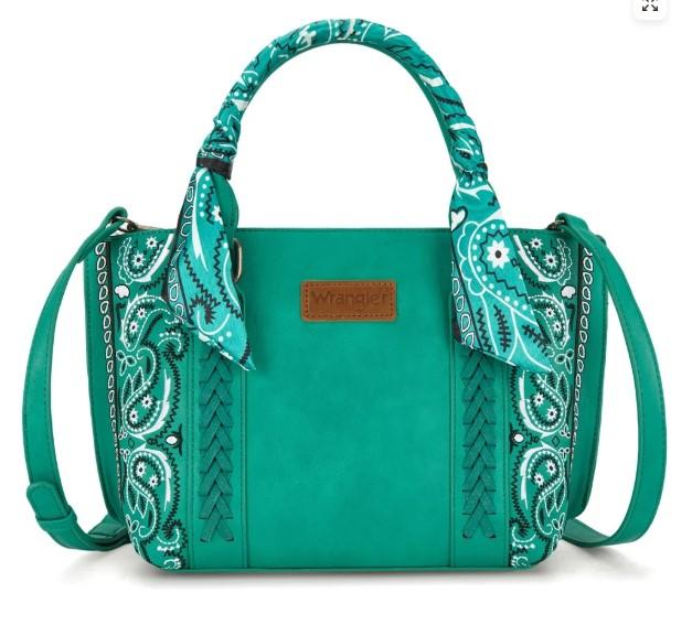 Wrangler Medium Cowgirl Paisley Satchel Handbags with Bandana-Turquoise image