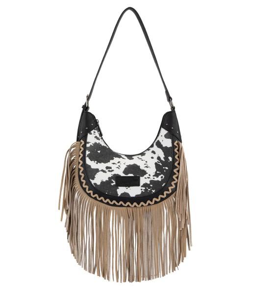 Wrangler Cow Print Fringe Shoulder Hobo Bag - Black image