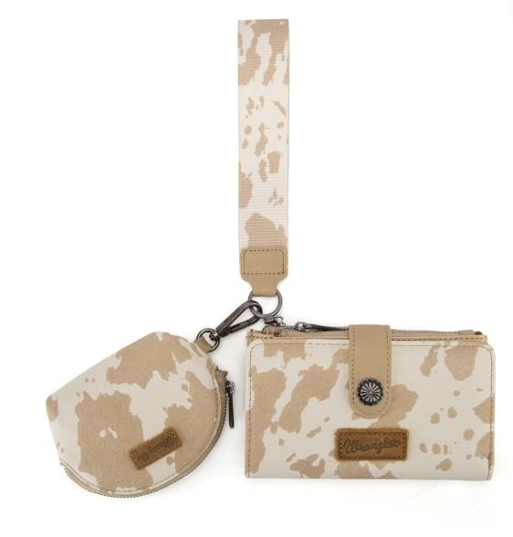 Wrangler Cow Print Wallet & Coin Pouch Wristlet Set - Tan image