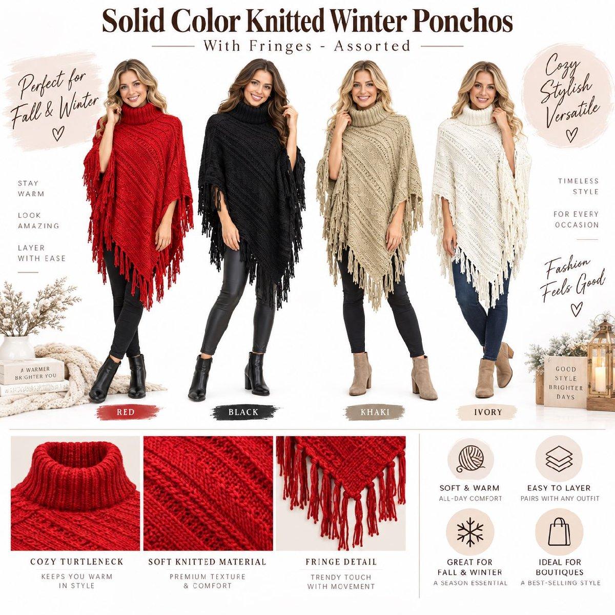 Wholesale Solid Color Knitted Winter Ponchos with Fringes - Assorted image