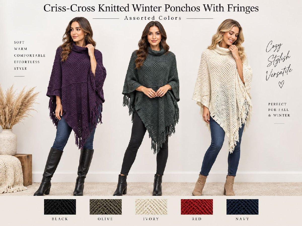 Wholesale Criss-Cross Knitted Winter Ponchos With Fringes - Assorted image