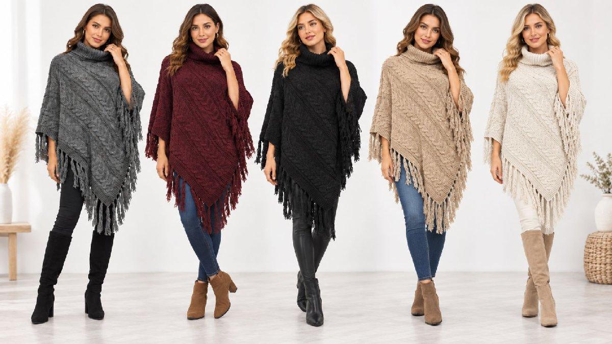 Wholesale Cable Knitted Turtleneck Ponchos - Assorted image