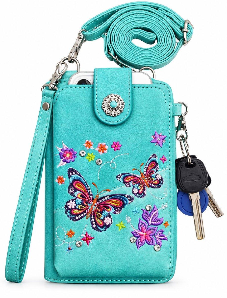 Wholesale Butterfly Embroidered Crossbody Phone Purse - Turquoise image