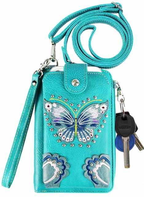 Wholesale Butterfly Embroidered Crossbody Phone Purse with Wallet - Turquoise image