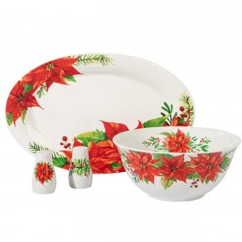 Gibson Home 4 Piece Ceramic Serving Set in White With Poinsettia Decorations image