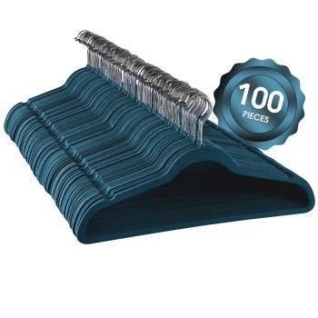 Elama Home 100 Piece Velvet Slim Profile Heavy Duty Felt Hangers with Stainless Steel Swivel Hooks in Blue image
