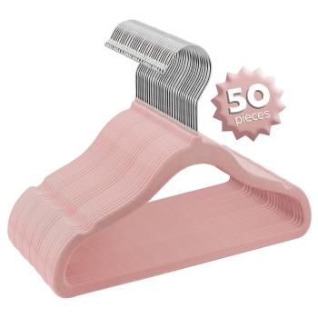 Elama Home 50 Piece Kids Non-Slip Velvet Cloths Hangers with Notched Shoulders in Pink image