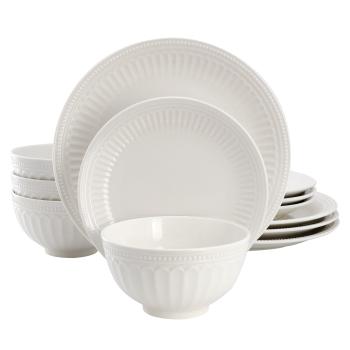 Elama Gabriella 12 Piece Embossed Arch Stoneware Dinnerware Set in White