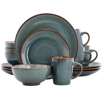 Elama Slate 16 Piece Stoneware Dinnerware Set in Blue with Brown Rim, Service for 4