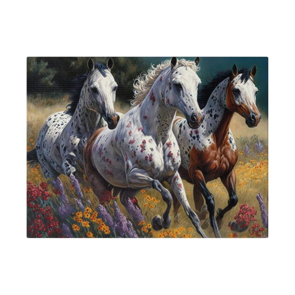 Runnning Appaloosa Herd with Wildflowers Artwork, Stretched Matte Canvas, Horse Herd, Animal Art, 5 sizes image