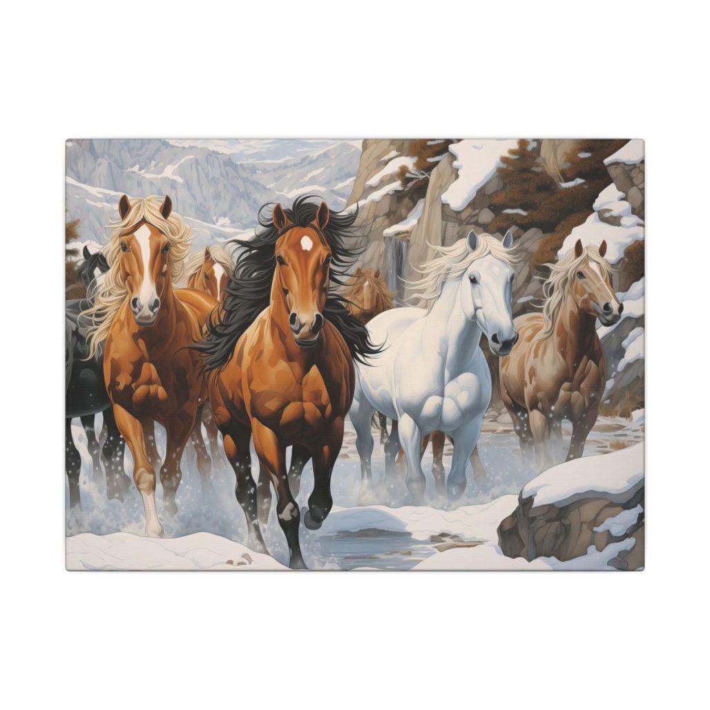 Wild Horses Running in Snow Artwork, Nature Landscape Canvas Wall Art, Living Room home Decor image