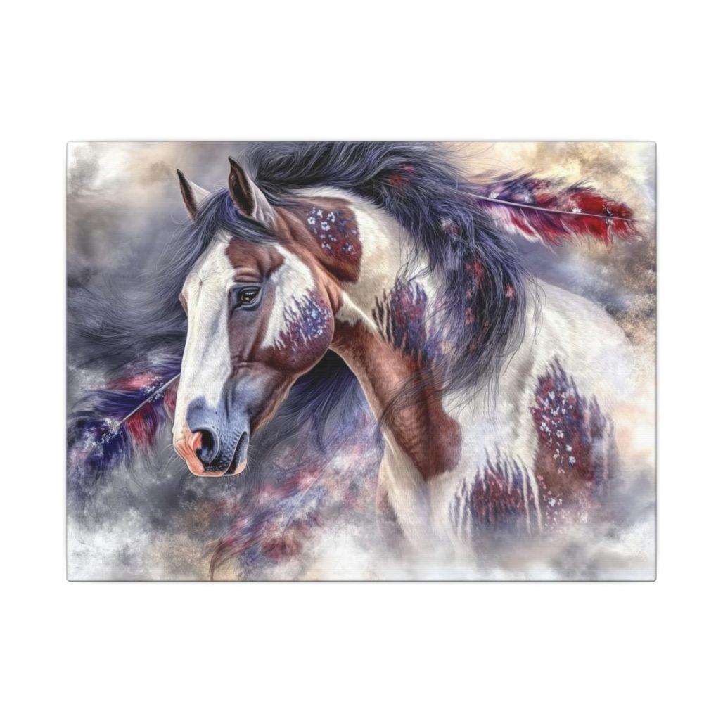 Matte Canvas Print, Pinto with Feathers Native American Horse Artwork, Home Office Wall Decor, Western Animal Painting, Horse Lover Gift image